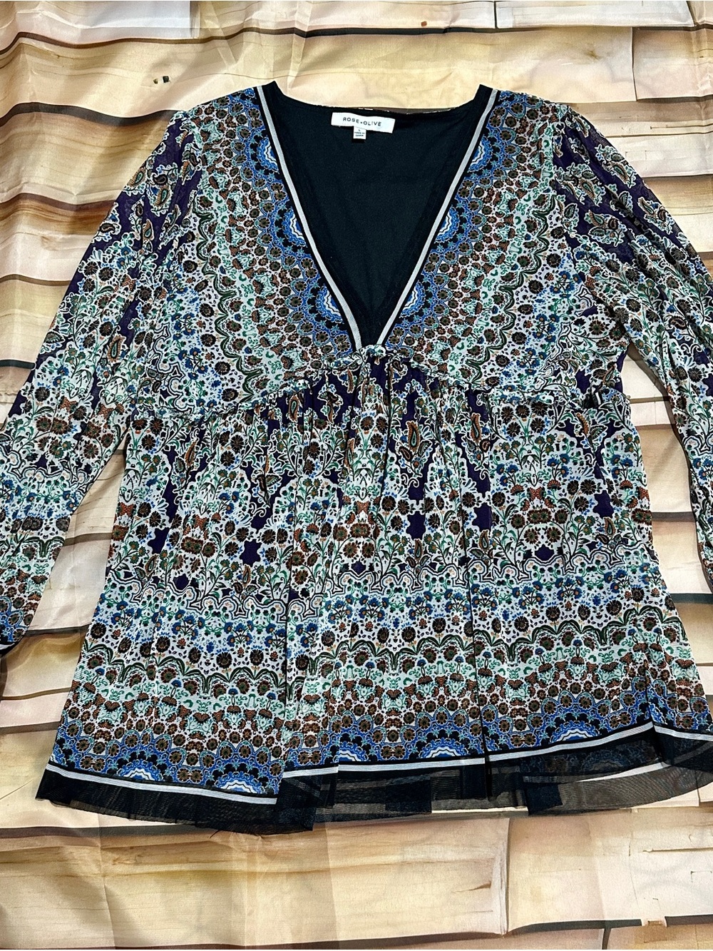 Rose + Olive Boho Paisley Long Sleeve Tunic Blouse Women’s Top Size L